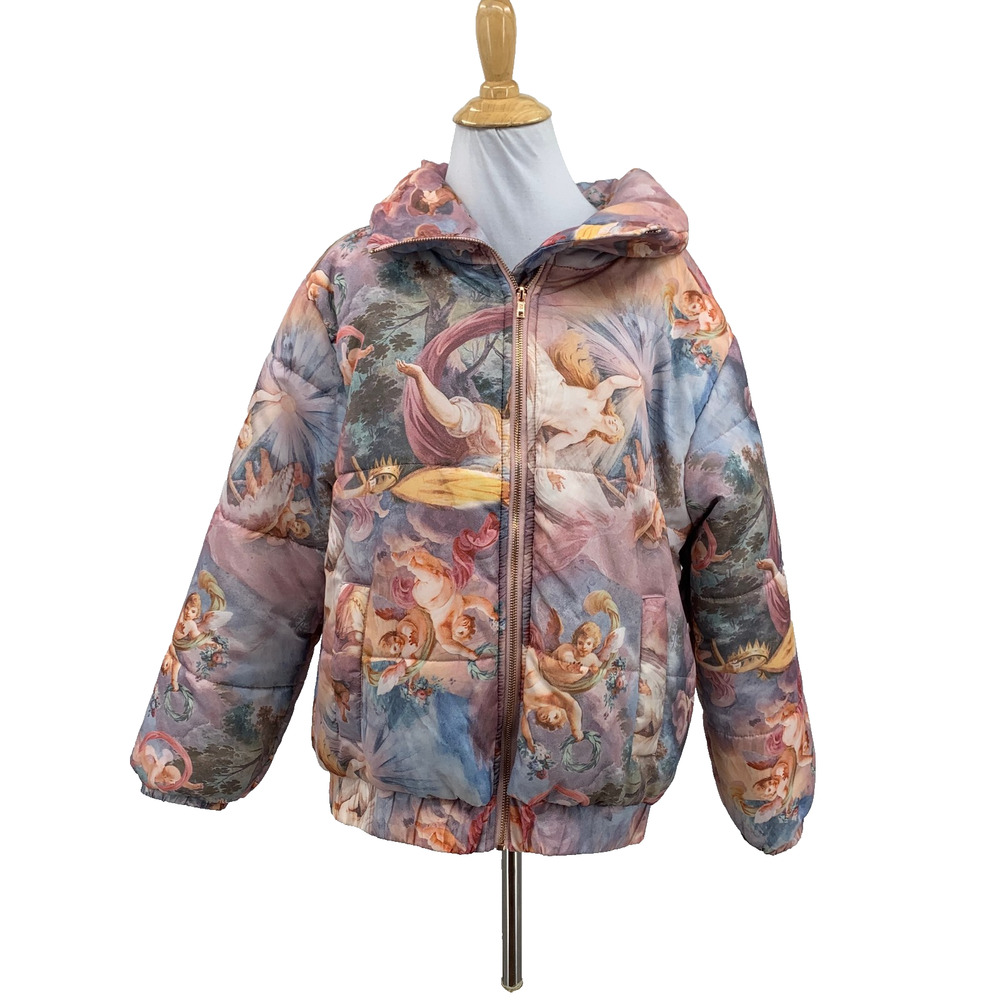 Forever 21 Jacket Womens M Medium Multi Renaissance Cherub Motif Puffer Full Zip